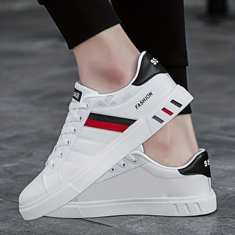 [Stylish Skate Sneakers] KOONEXY Stylish & Breathable Men's Low-Top Skate Sneakers | White & Navy Blue with Red Accents, Lace-Up, Faux Upper, Durable PVC Sole, Round Toe Design for Casual & Formal Wear, Skate Shoes, Casual Fo