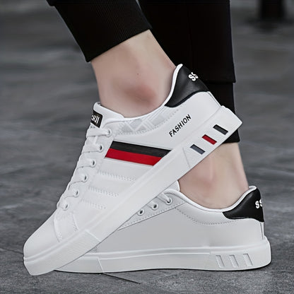 [Stylish Skate Sneakers] KOONEXY Stylish & Breathable Men's Low-Top Skate Sneakers | White & Navy Blue with Red Accents, Lace-Up, Faux Upper, Durable PVC Sole, Round Toe Design for Casual & Formal Wear, Skate Shoes, Casual Fo