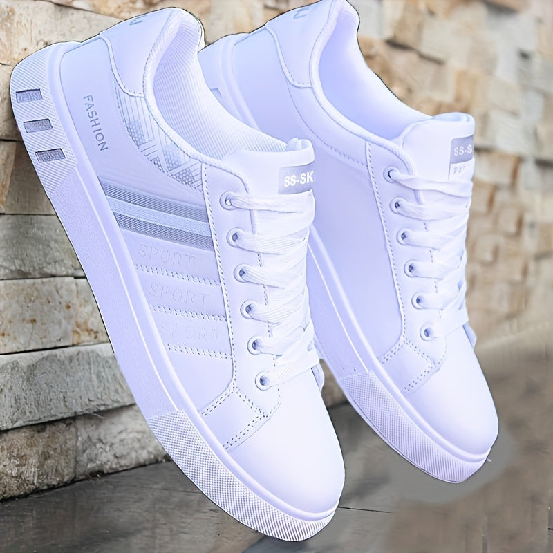 [Stylish Skate Sneakers] KOONEXY Stylish & Breathable Men's Low-Top Skate Sneakers | White & Navy Blue with Red Accents, Lace-Up, Faux Upper, Durable PVC Sole, Round Toe Design for Casual & Formal Wear, Skate Shoes, Casual Fo
