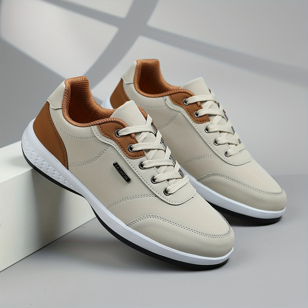 Men's Casual Athletic Sneakers - Lightweight, Breathable Fabric Lining, Non-Slip Rubber Sole, Lace-Up Design for Casual Attire, Hiking & Training, Beige/Brown Two-Tone Color Scheme