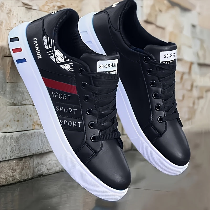 [Stylish Skate Sneakers] KOONEXY Stylish & Breathable Men's Low-Top Skate Sneakers | White & Navy Blue with Red Accents, Lace-Up, Faux Upper, Durable PVC Sole, Round Toe Design for Casual & Formal Wear, Skate Shoes, Casual Fo