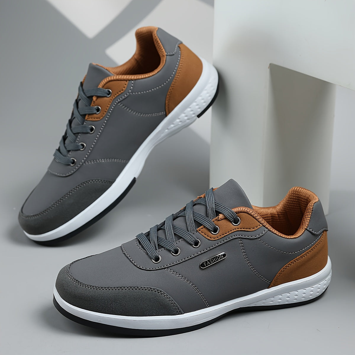 Men's Casual Athletic Sneakers - Lightweight, Breathable Fabric Lining, Non-Slip Rubber Sole, Lace-Up Design for Casual Attire, Hiking & Training, Beige/Brown Two-Tone Color Scheme