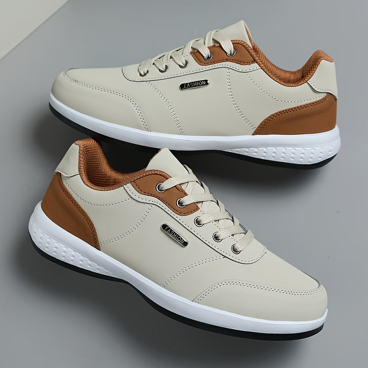 Men's Casual Athletic Sneakers - Lightweight, Breathable Fabric Lining, Non-Slip Rubber Sole, Lace-Up Design for Casual Attire, Hiking & Training, Beige/Brown Two-Tone Color Scheme