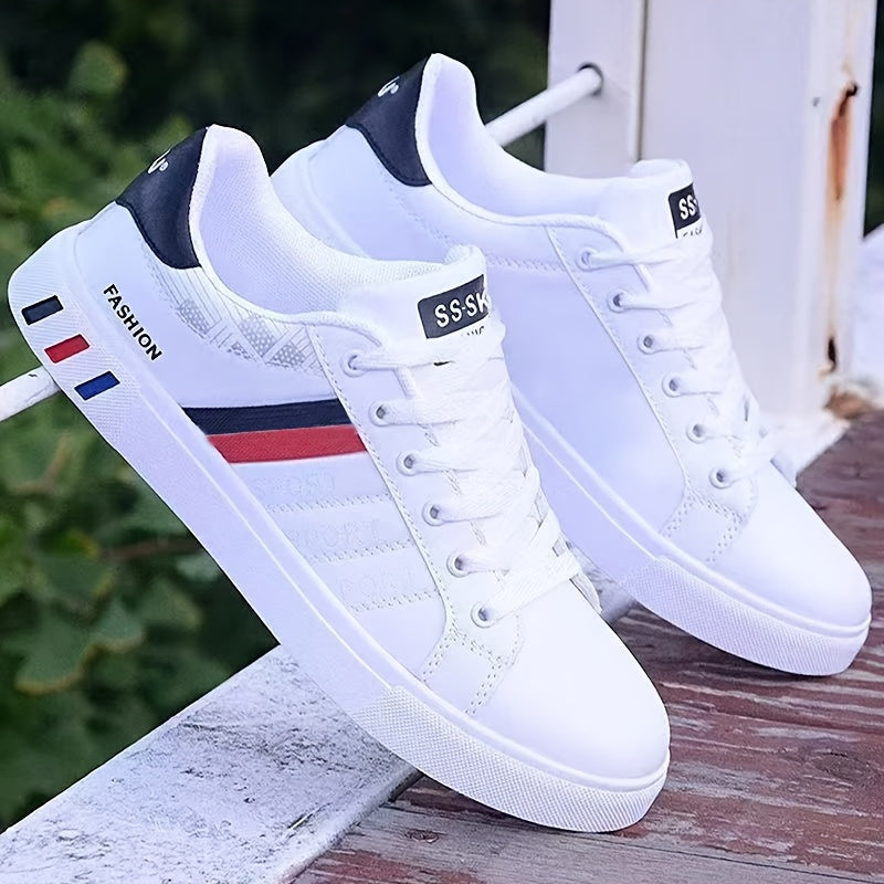[Stylish Skate Sneakers] KOONEXY Stylish & Breathable Men's Low-Top Skate Sneakers | White & Navy Blue with Red Accents, Lace-Up, Faux Upper, Durable PVC Sole, Round Toe Design for Casual & Formal Wear, Skate Shoes, Casual Fo