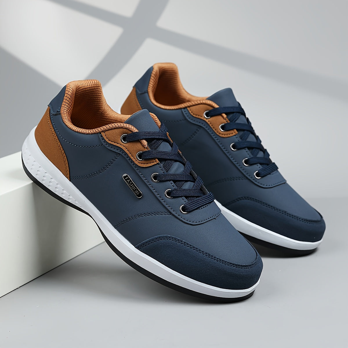 Men's Casual Athletic Sneakers - Lightweight, Breathable Fabric Lining, Non-Slip Rubber Sole, Lace-Up Design for Casual Attire, Hiking & Training, Beige/Brown Two-Tone Color Scheme