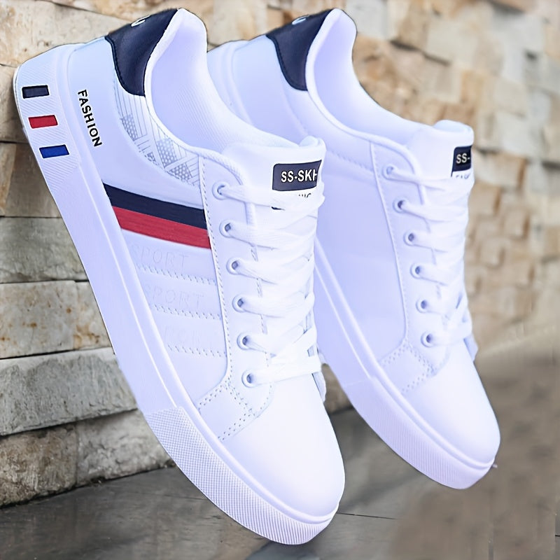 [Stylish Skate Sneakers] KOONEXY Stylish & Breathable Men's Low-Top Skate Sneakers | White & Navy Blue with Red Accents, Lace-Up, Faux Upper, Durable PVC Sole, Round Toe Design for Casual & Formal Wear, Skate Shoes, Casual Fo