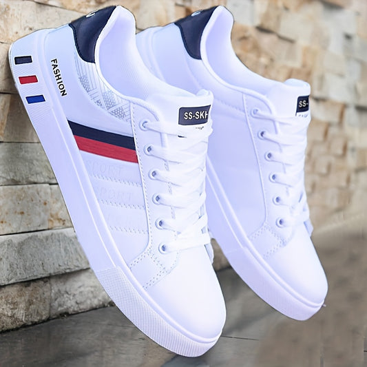 [Stylish Skate Sneakers] KOONEXY Stylish & Breathable Men's Low-Top Skate Sneakers | White & Navy Blue with Red Accents, Lace-Up, Faux Upper, Durable PVC Sole, Round Toe Design for Casual & Formal Wear, Skate Shoes, Casual Fo