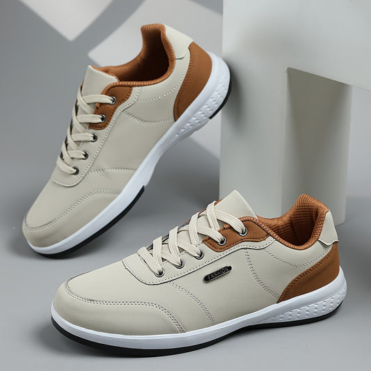 Men's Casual Athletic Sneakers - Lightweight, Breathable Fabric Lining, Non-Slip Rubber Sole, Lace-Up Design for Casual Attire, Hiking & Training, Beige/Brown Two-Tone Color Scheme