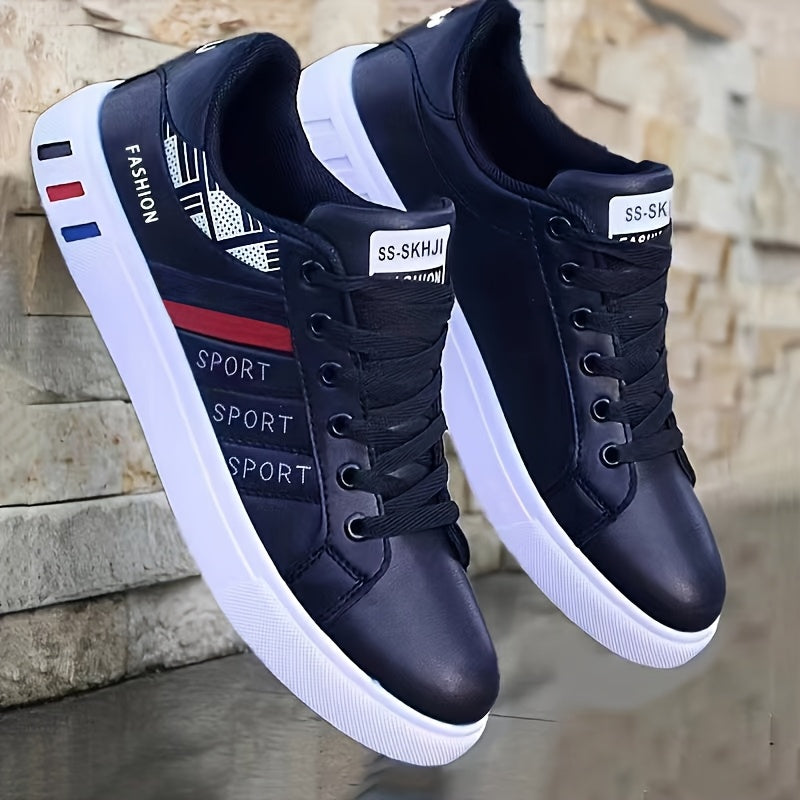 [Stylish Skate Sneakers] KOONEXY Stylish & Breathable Men's Low-Top Skate Sneakers | White & Navy Blue with Red Accents, Lace-Up, Faux Upper, Durable PVC Sole, Round Toe Design for Casual & Formal Wear, Skate Shoes, Casual Fo
