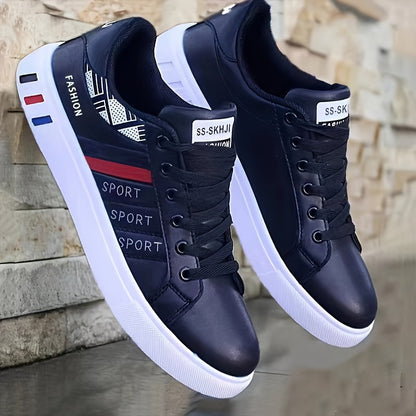 [Stylish Skate Sneakers] KOONEXY Stylish & Breathable Men's Low-Top Skate Sneakers | White & Navy Blue with Red Accents, Lace-Up, Faux Upper, Durable PVC Sole, Round Toe Design for Casual & Formal Wear, Skate Shoes, Casual Fo