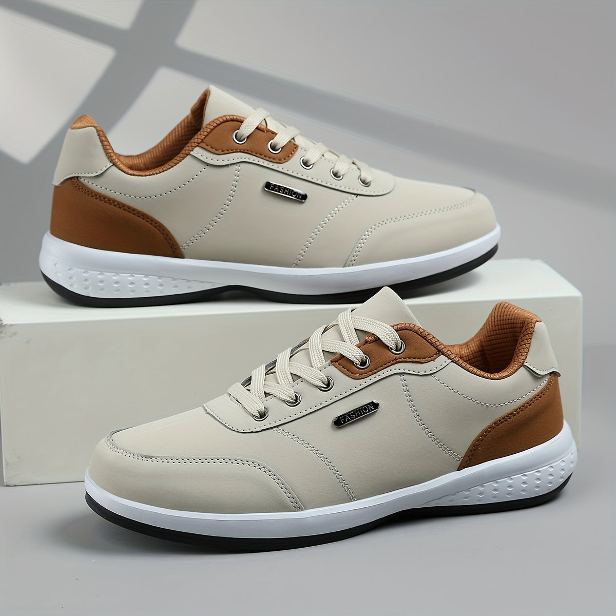 Men's Casual Athletic Sneakers - Lightweight, Breathable Fabric Lining, Non-Slip Rubber Sole, Lace-Up Design for Casual Attire, Hiking & Training, Beige/Brown Two-Tone Color Scheme