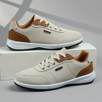 Men's Casual Athletic Sneakers - Lightweight, Breathable Fabric Lining, Non-Slip Rubber Sole, Lace-Up Design for Casual Attire, Hiking & Training, Beige/Brown Two-Tone Color Scheme