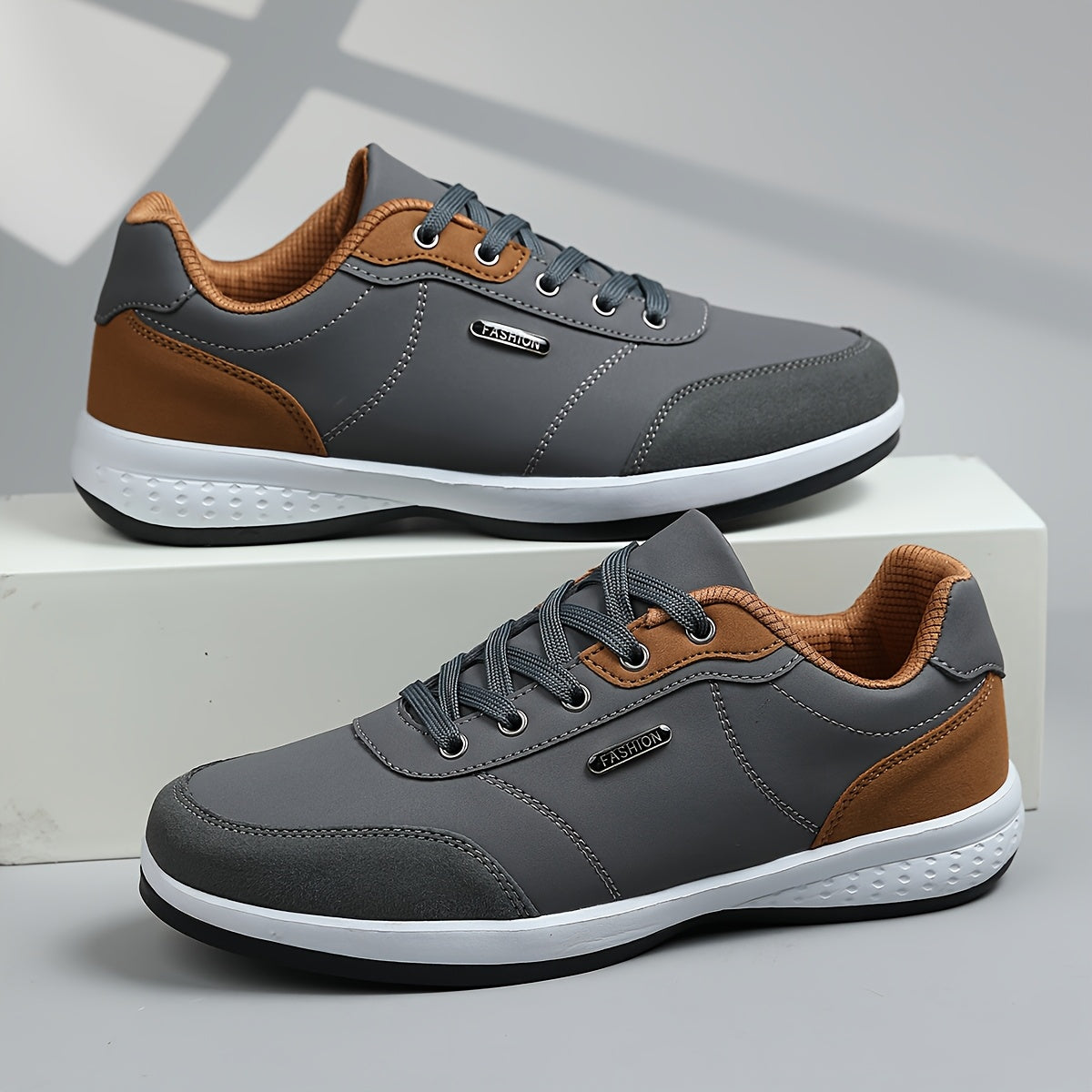 Men's Casual Athletic Sneakers - Lightweight, Breathable Fabric Lining, Non-Slip Rubber Sole, Lace-Up Design for Casual Attire, Hiking & Training, Beige/Brown Two-Tone Color Scheme