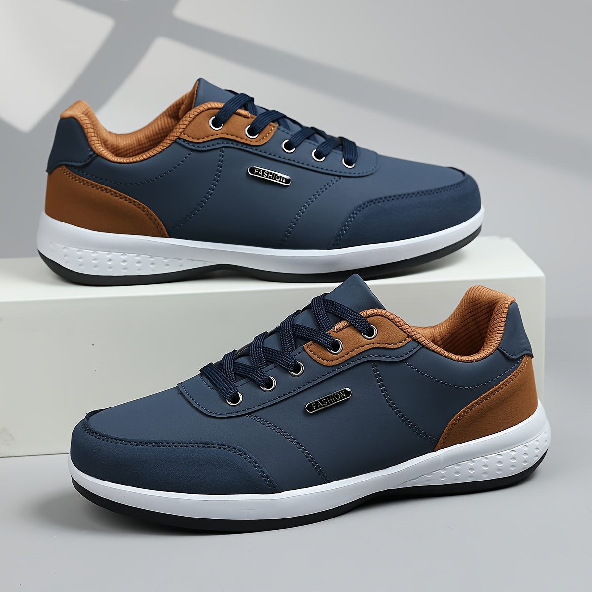 Men's Casual Athletic Sneakers - Lightweight, Breathable Fabric Lining, Non-Slip Rubber Sole, Lace-Up Design for Casual Attire, Hiking & Training, Beige/Brown Two-Tone Color Scheme